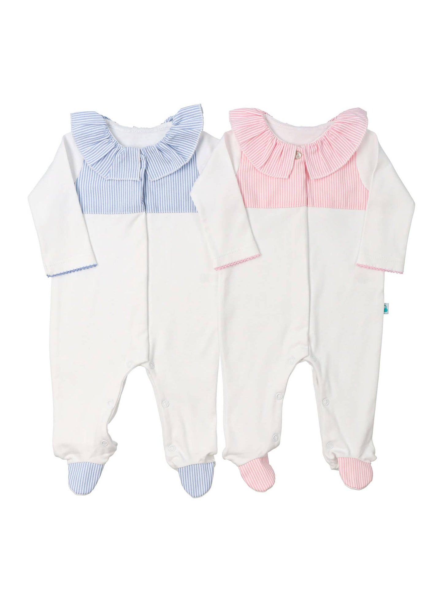 Frill collared pinstripe baby grow sleepsuit (HANDMADE IN PORTUGAL 10-14 DAY TURNAROUND)