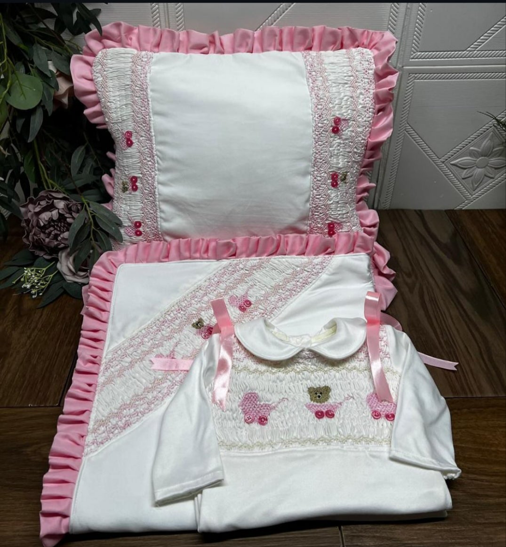 Smocked sleepsuit, pillow & blanket set - HANDMADE IN USA 6-8WK TURNAROUND