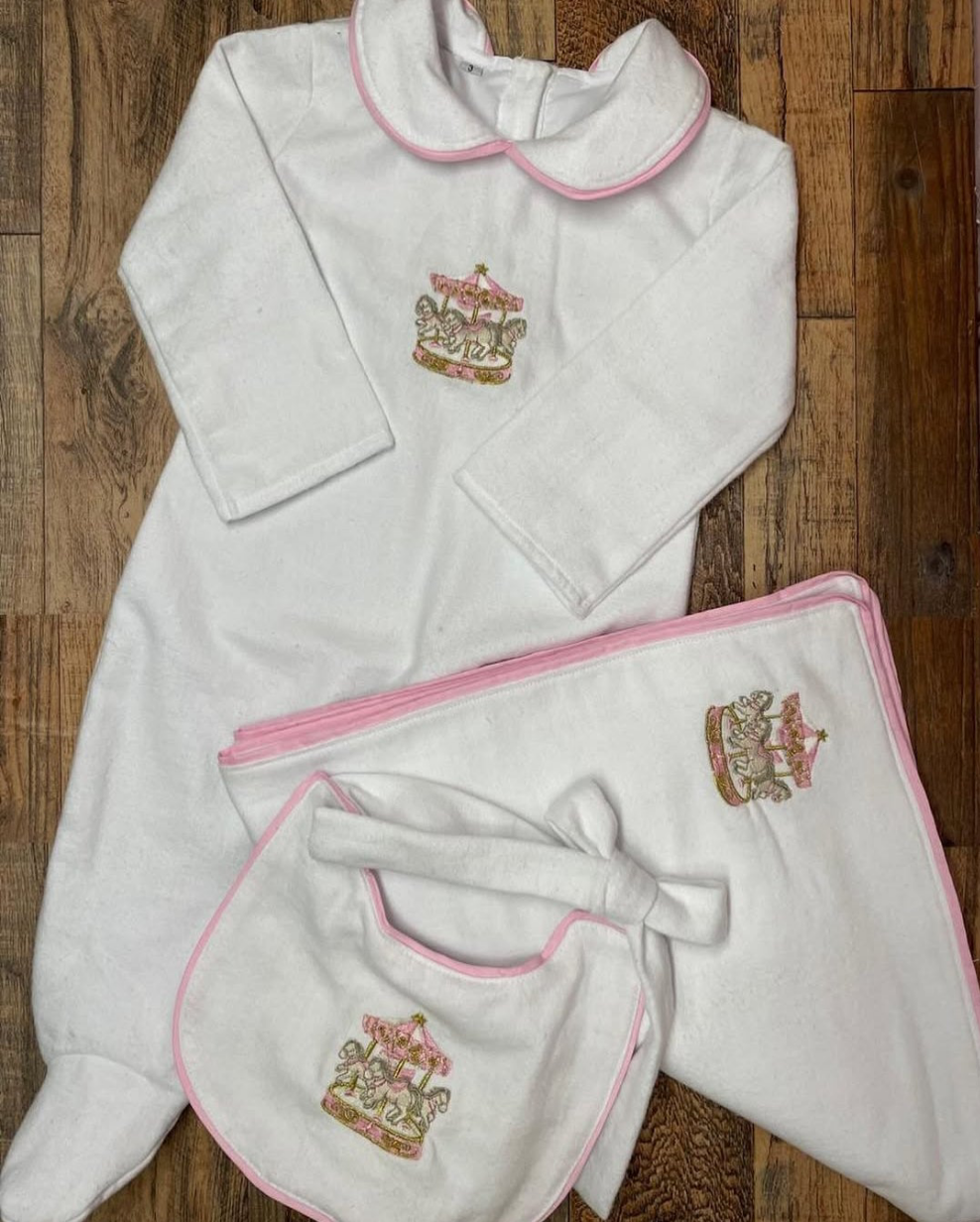 Smocked sleepsuit, bib & blanket set - HANDMADE IN USA 6-8WK TURNAROUND