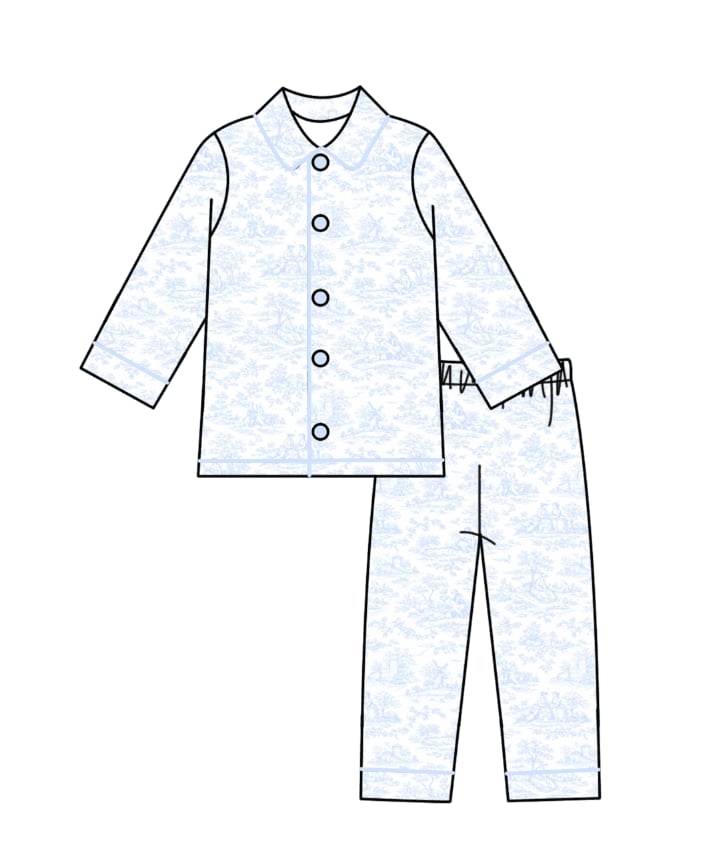 LPP EXCLUSIVES luxe blue French toile boys pyjamas (Easter) - End March Delivery.