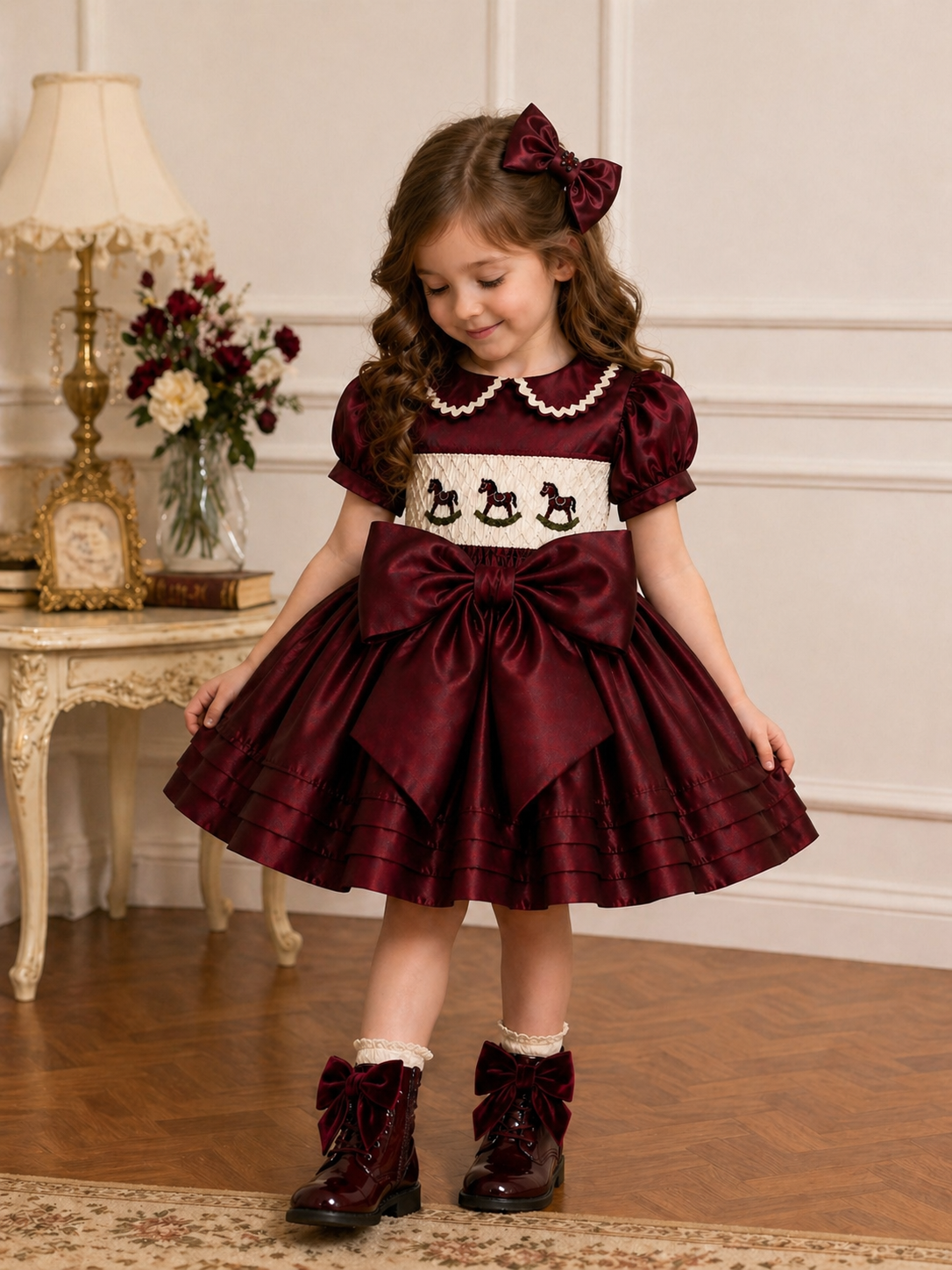 LPP EXCLUSIVE rocking horse burgundy Christmas satin smocked dress - End November delivery