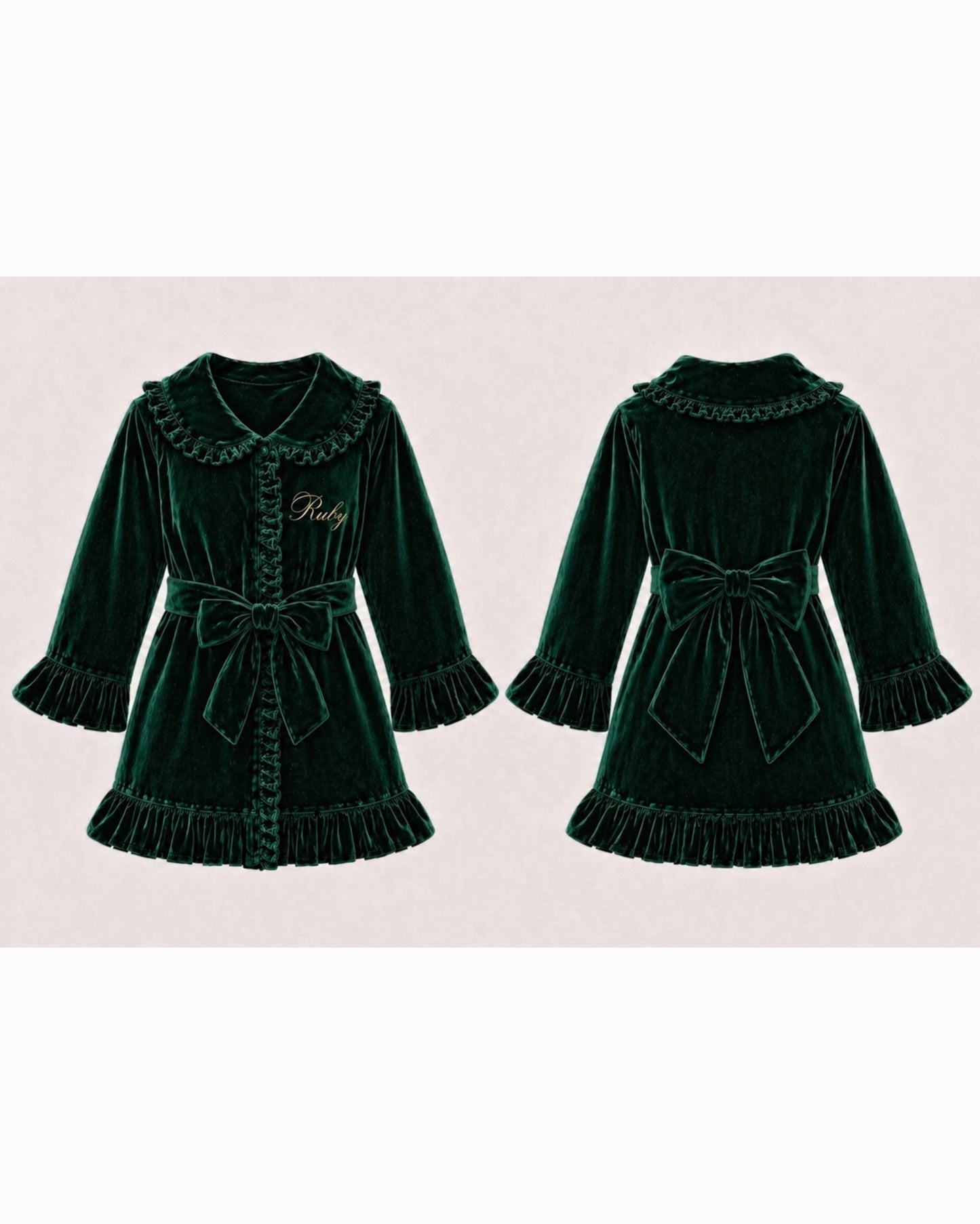 LPP EXCLUSIVE emerald green velvet girls frilly bow dressing gown - End November delivery