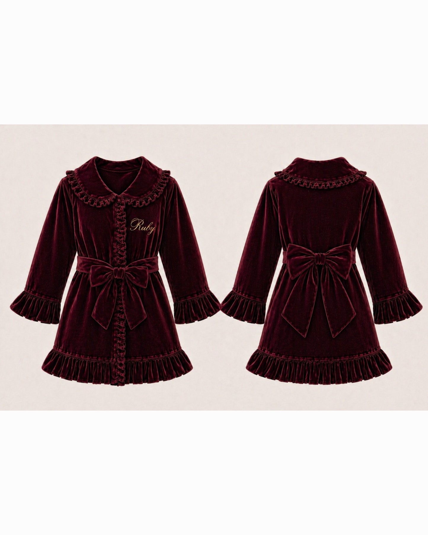 LPP EXCLUSIVE burgundy velvet girls frilly bow dressing gown - End November delivery