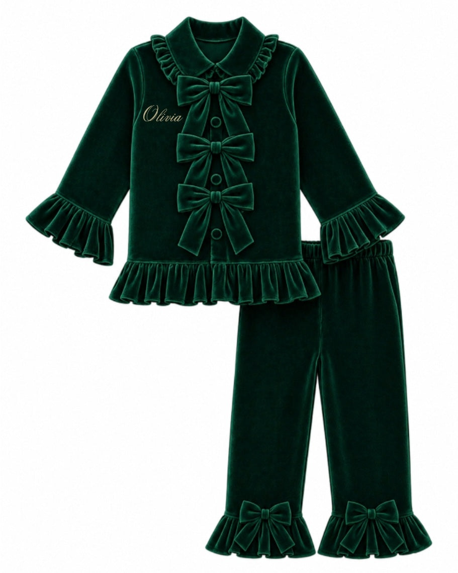LPP EXCLUSIVE triple bow emerald green velvet Christmas pyjamas - End November delivery