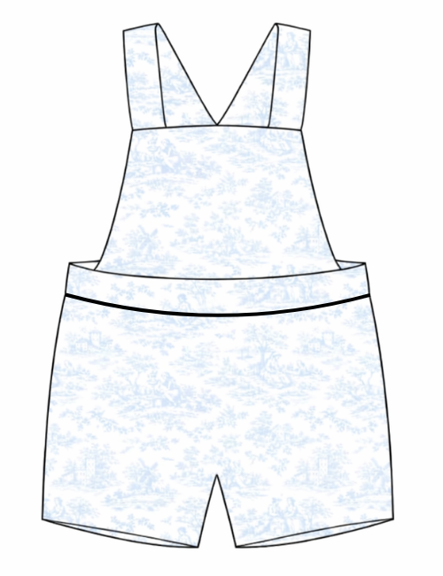 LPP EXCLUSIVES luxe French toile collection baby blue boys dungarees - End March Delivery.