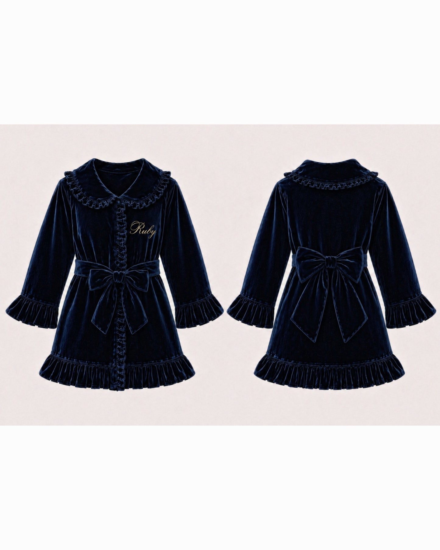 LPP EXCLUSIVE navy velvet girls frilly bow dressing gown - End November delivery