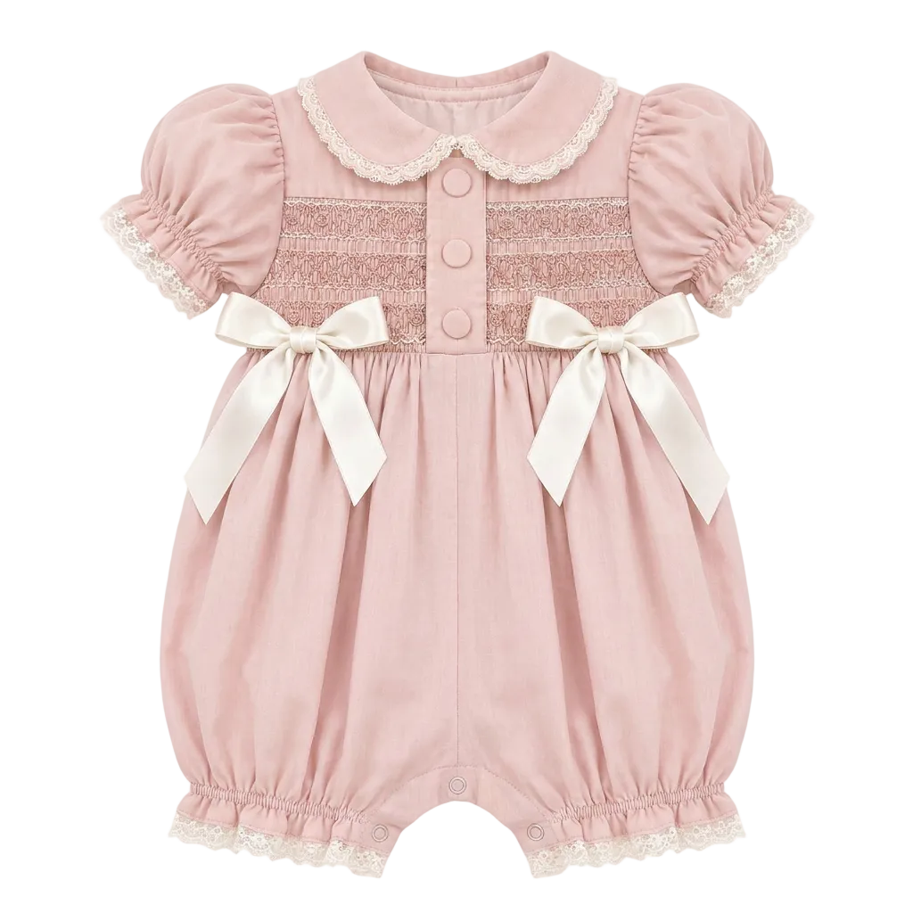 LPP EXCLUSIVE vintage style pink Christmas smocked double bow romper - End November delivery