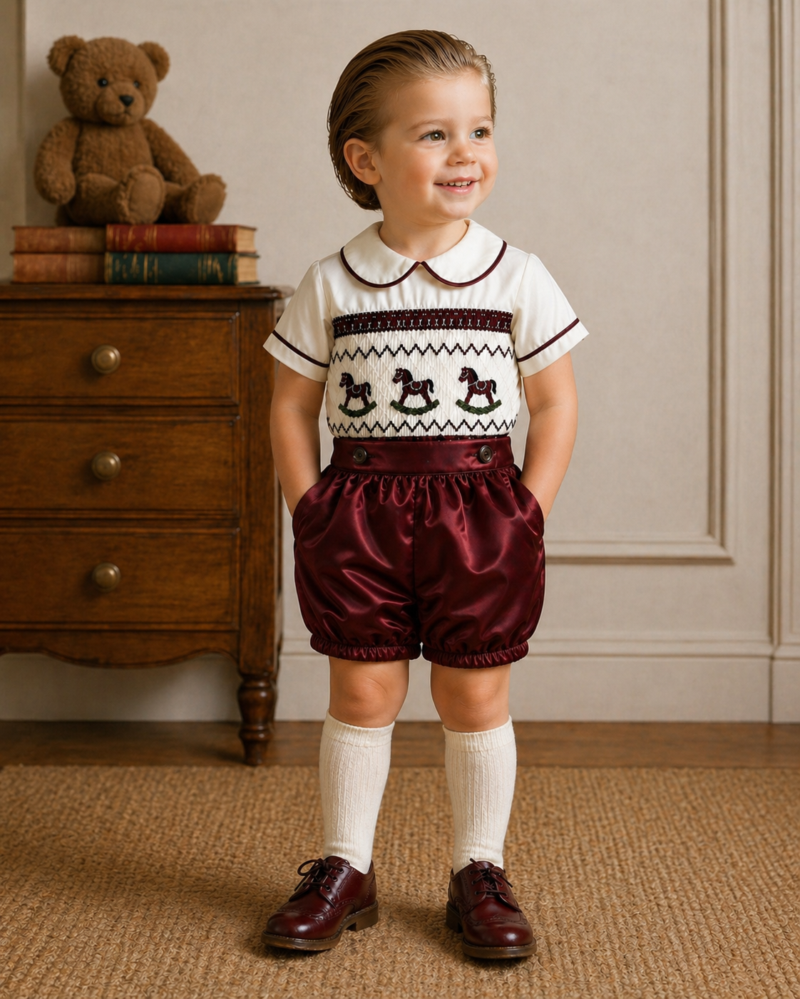 LPP EXCLUSIVE rocking horse burgundy Christmas satin smocked romper set - End November delivery
