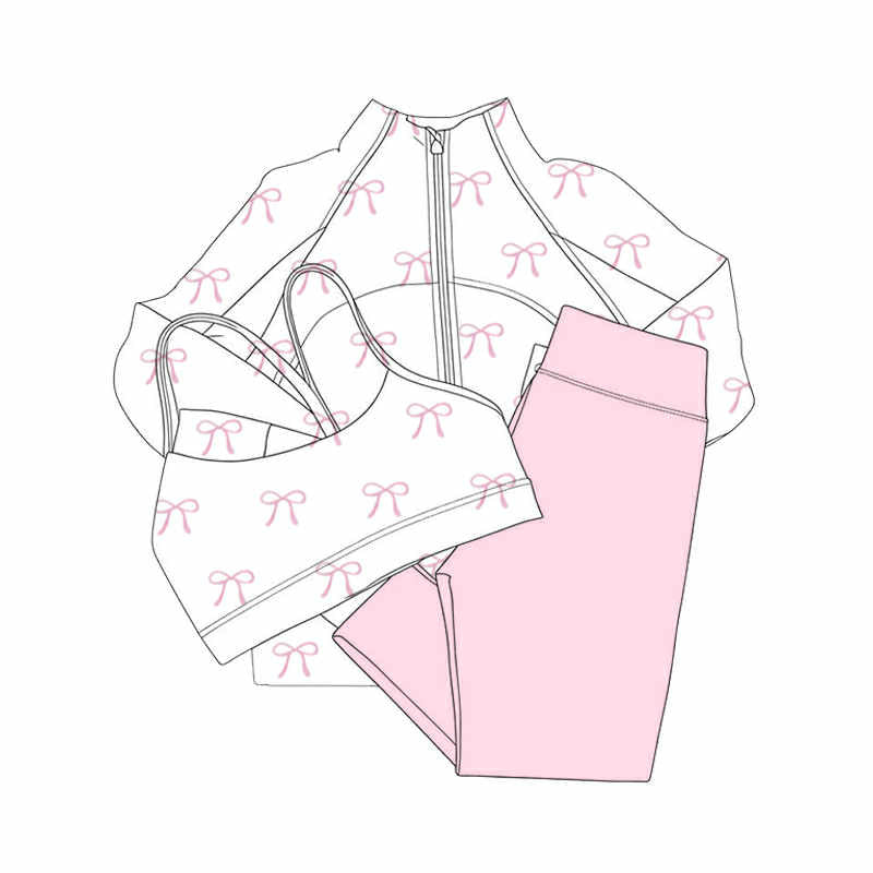 LPP EXCLUSIVES pink bow 3pc activewear leggings, crop top & jacket set - End March Delivery.
