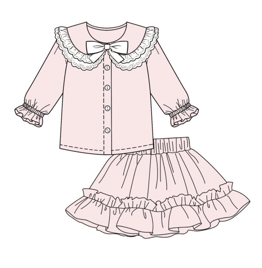 LPP EXCLUSIVES luxe muted pink girls collared bow skirt set - End March Delivery.