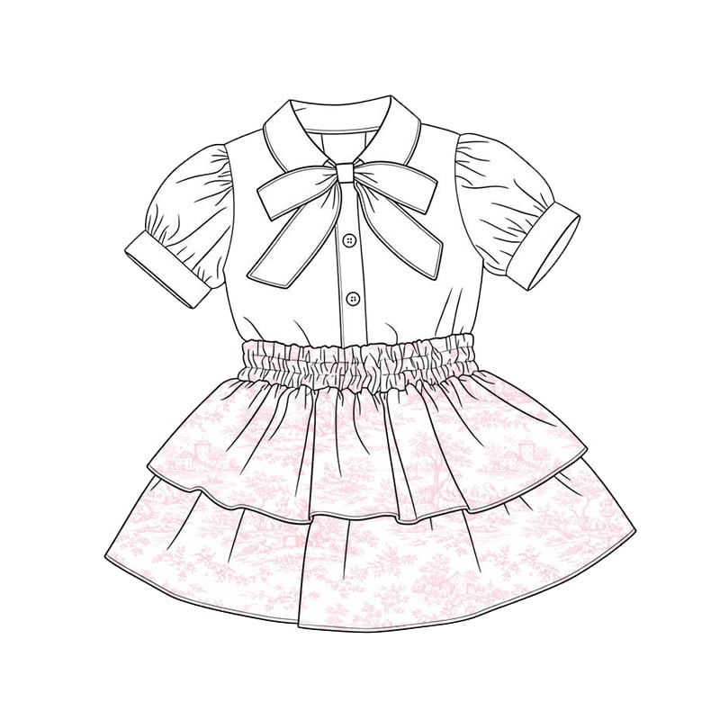 LPP EXCLUSIVES luxe French toile collection girls pussybow pink frill skirt set - End March Delivery.