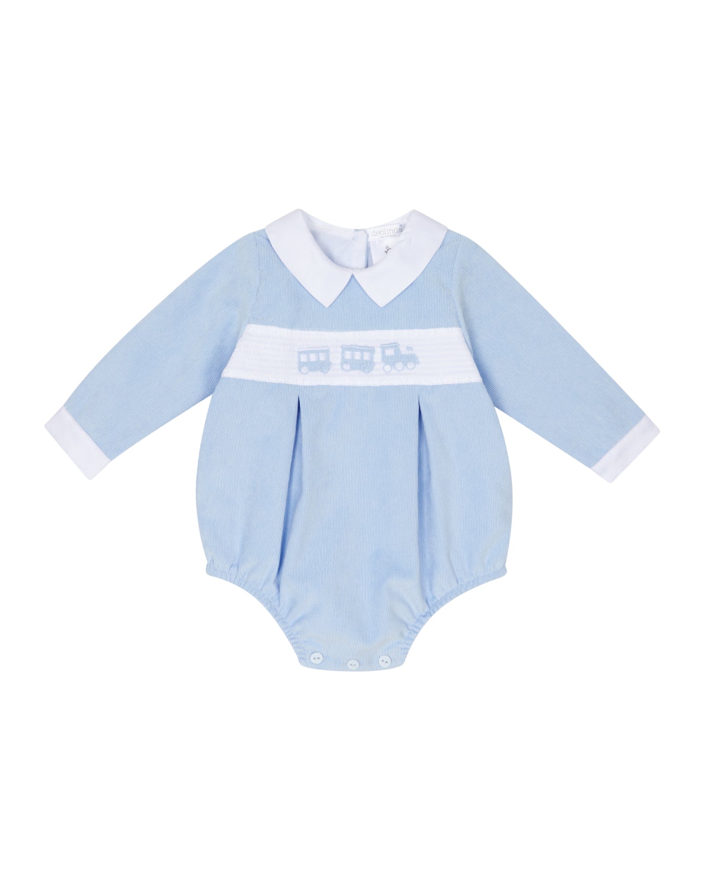 DEOLINDA Brian Blue smocked train romper - IN STOCK