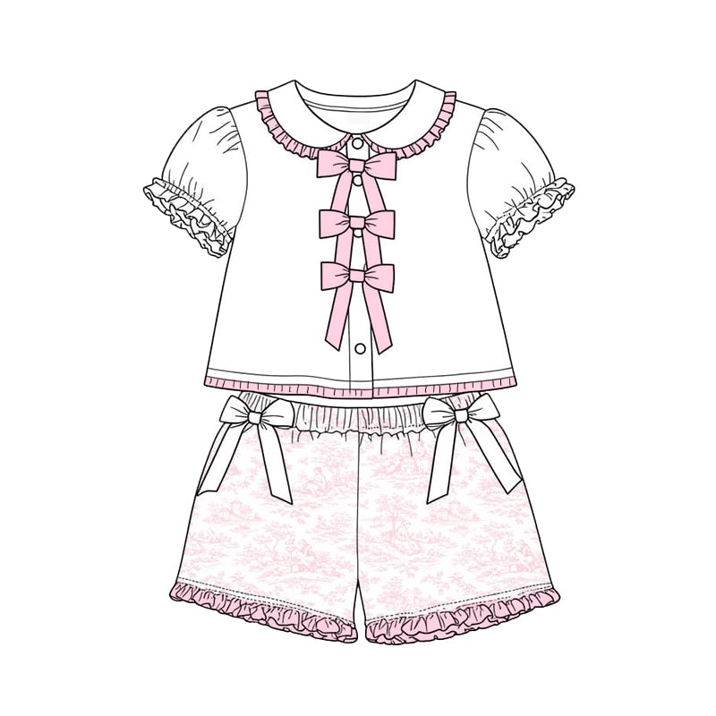 LPP EXCLUSIVES luxe pink French toile girls triple bow short set - End March Delivery.