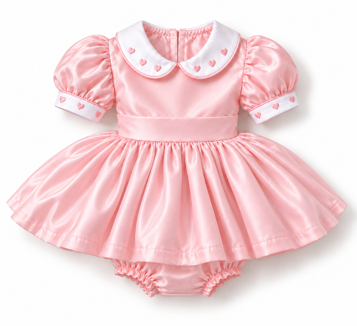 LPP VALENTINES COLLECTION - Candyfloss hearts skirted satin smock romper (DELIVERY JANUARY)