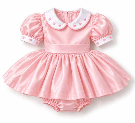 LPP VALENTINES COLLECTION - Candyfloss hearts skirted satin smock romper (DELIVERY JANUARY)