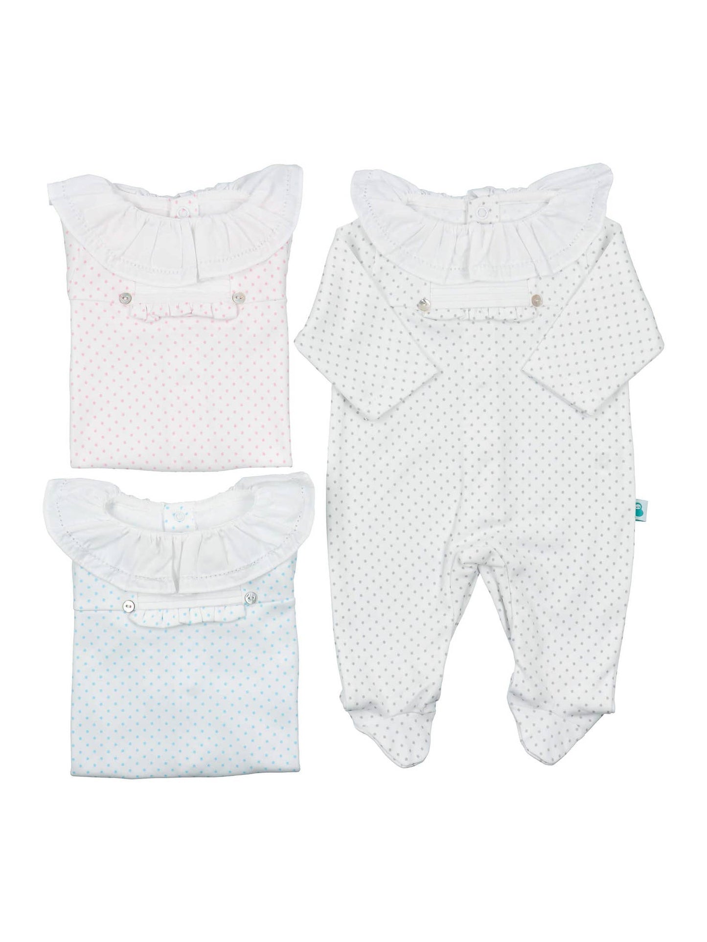 Frill collared dotty baby grow sleepsuit (HANDMADE IN PORTUGAL 10-14 DAY TURNAROUND)