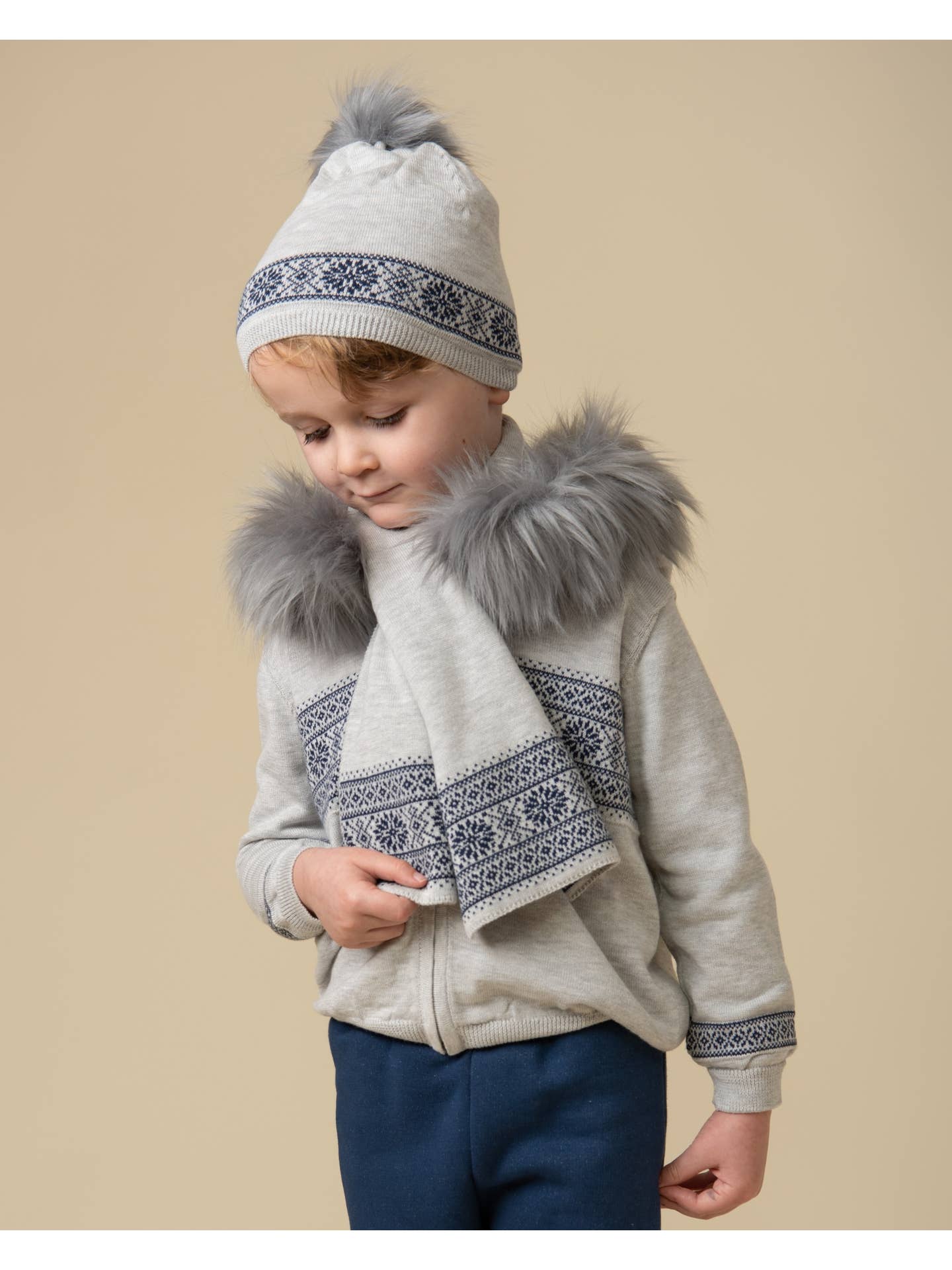 Caramelo Grey Knitted Fairisle Fleecelined Zip Jacket
- (ON ORDER 10 DAY DELIVERY)