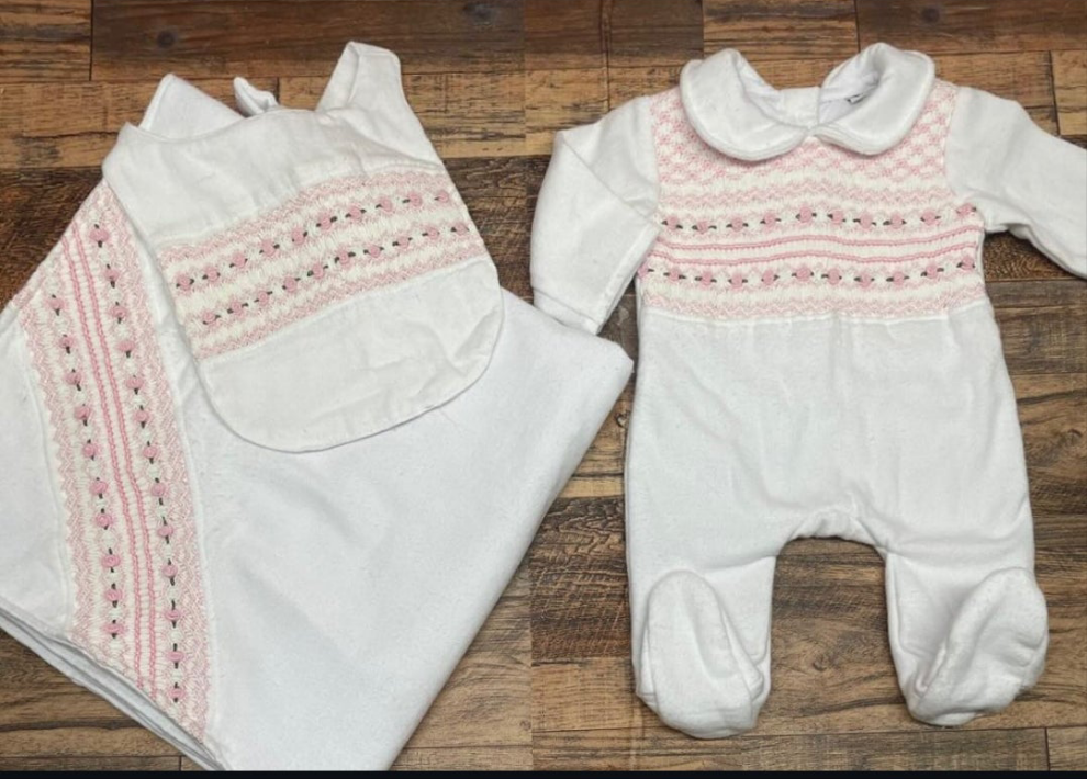 Smocked sleepsuit, bib & blanket set - HANDMADE IN USA 6-8WK TURNAROUND