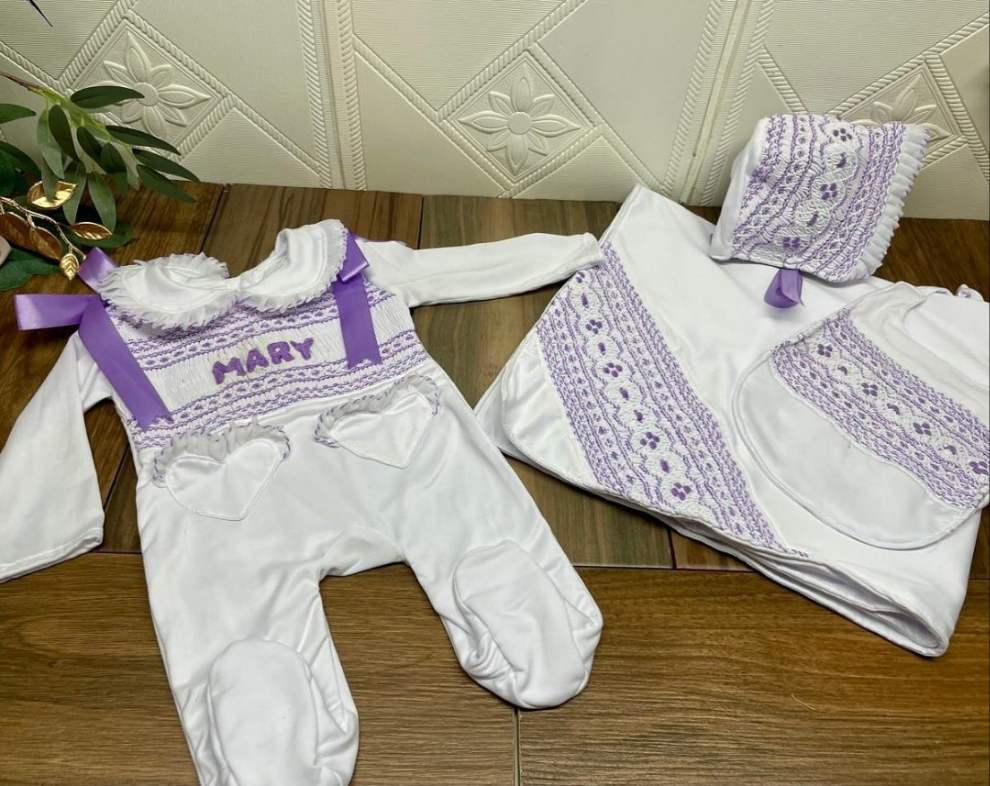 Personalised smocked sleepsuit, bib & blanket set - HANDMADE IN USA 6-8WK TURNAROUND