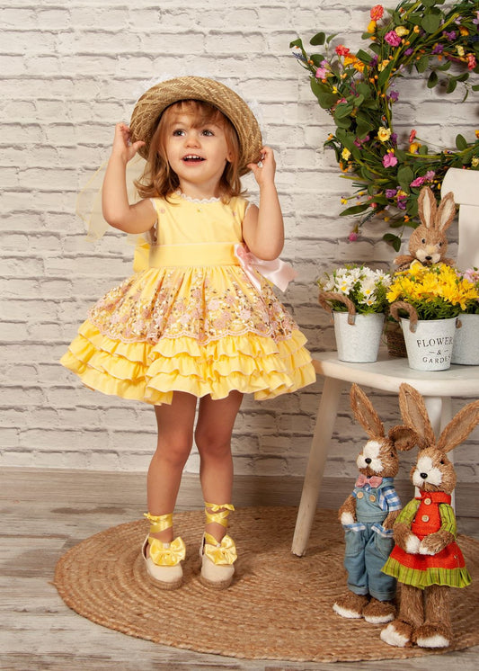 SONATA PREORDER (4-6wk turnaround) - Yellow and pink floral lace puffball dress VE22-03