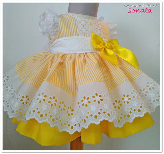 SONATA PREORDER (4-6wk turnaround) - Girls yellow pinstripe bow dress 719