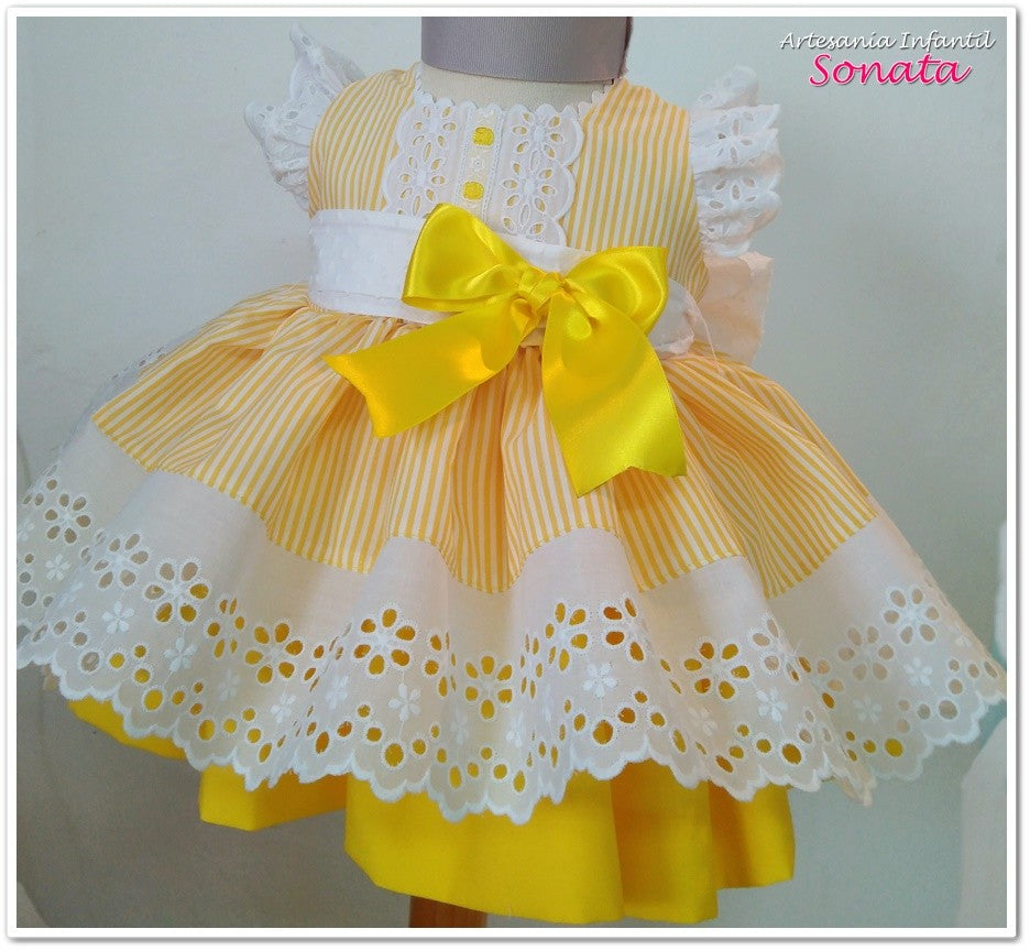 SONATA PREORDER (4-6wk turnaround) - Girls yellow pinstripe bow dress 719