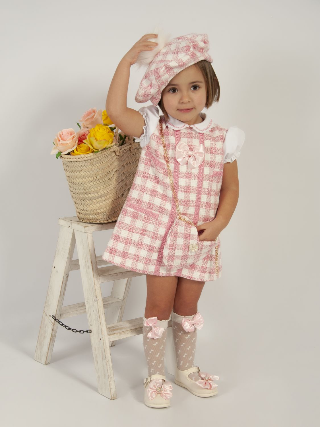 SONATA PREORDER (4-6wk turnaround) - Girls pink gingham chanel A-Line dress VE24-20