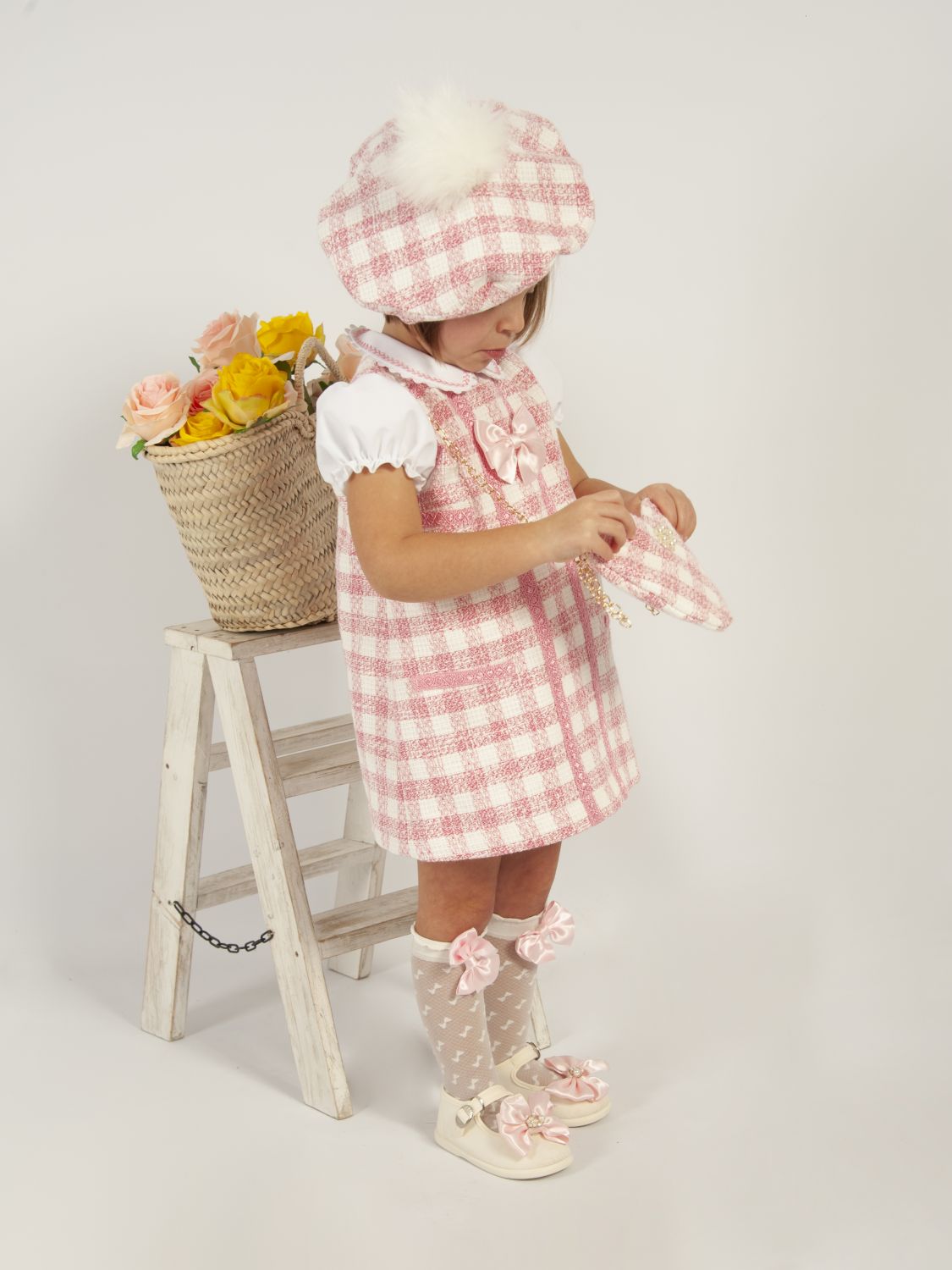 SONATA PREORDER (4-6wk turnaround) - Girls pink gingham chanel A-Line dress VE24-20