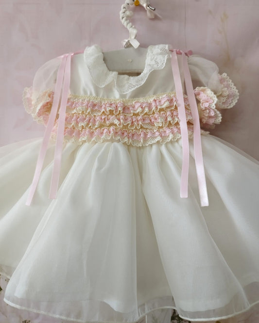 SONATA PREORDER (4-6wk turnaround) - Cream and pink organza smocked puffball VE22-38