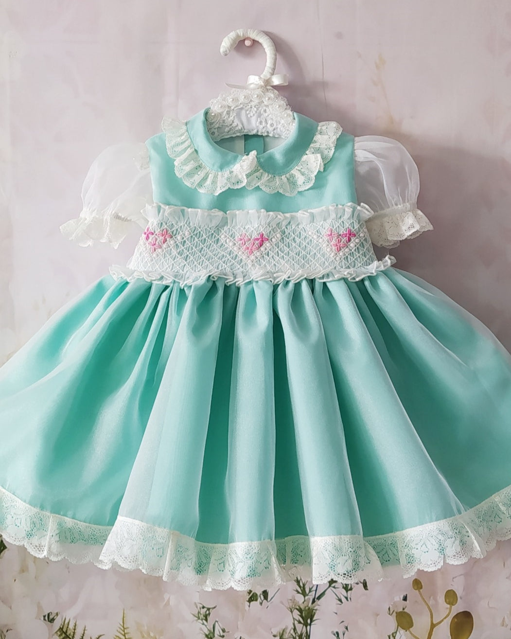 SONATA PREORDER (4-6wk turnaround) - Mint organza heart smocked puffball dress VE22-02