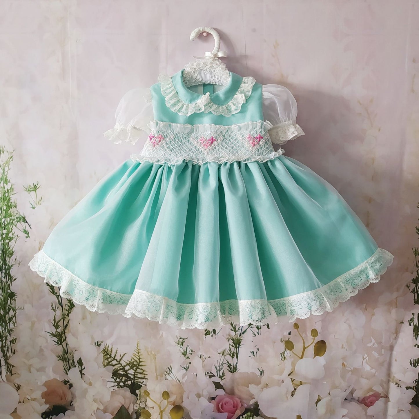 SONATA PREORDER (4-6wk turnaround) - Mint organza heart smocked puffball dress VE22-02