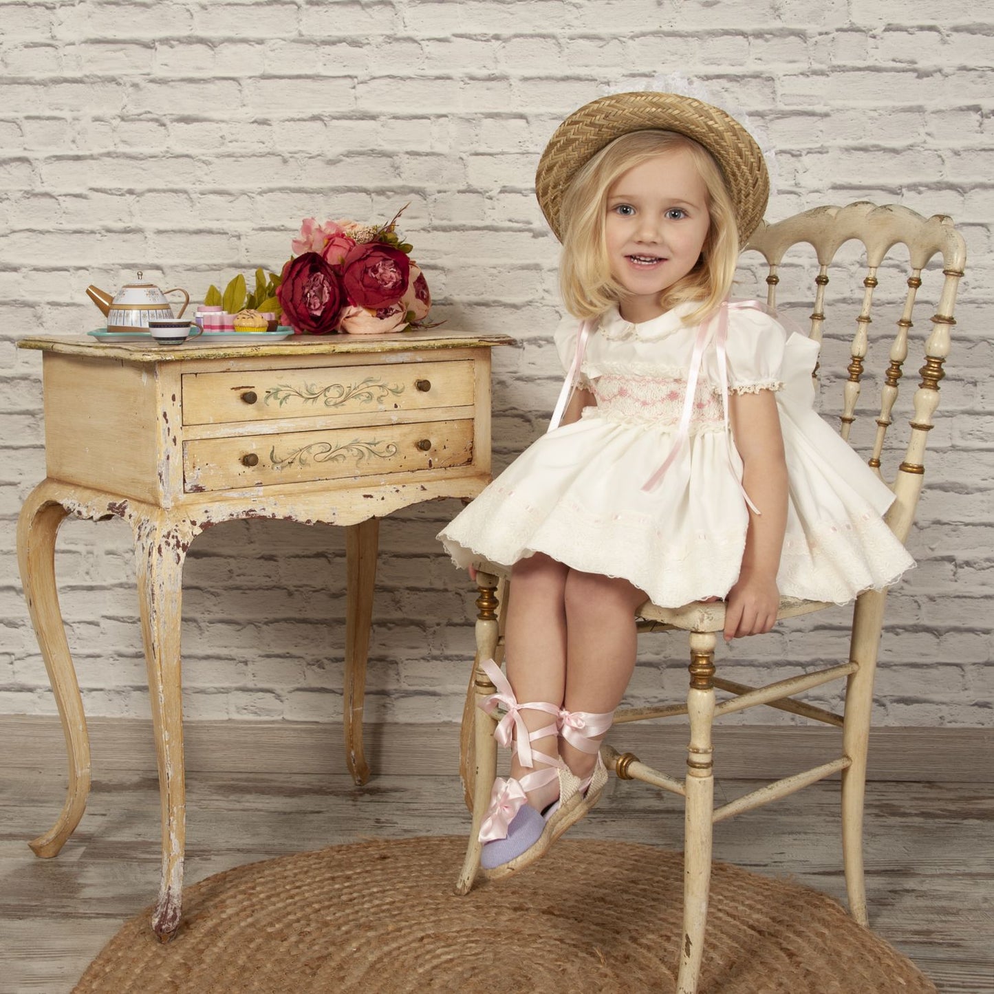 SONATA PREORDER (4-6wk turnaround) - Cream and pink smocked puffball dress VE22-19