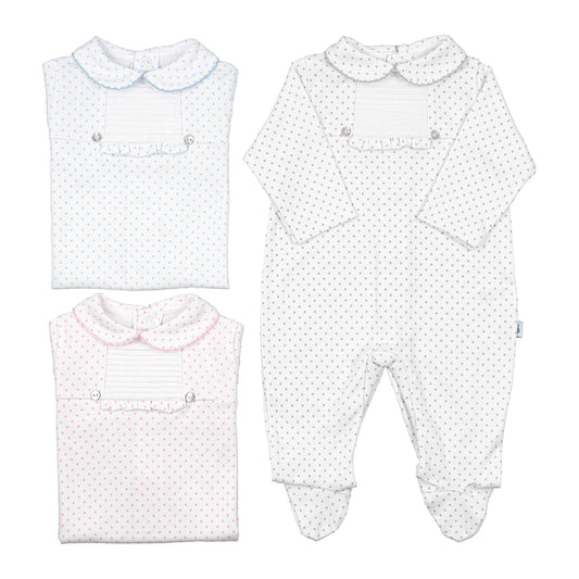 Peter pan collared dotty baby grow sleepsuit (HANDMADE IN PORTUGAL 10-14 DAY TURNAROUND)