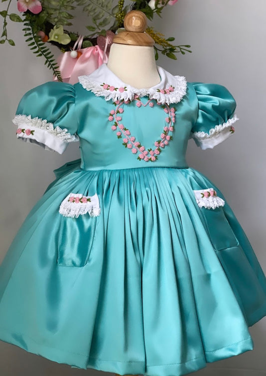 Smocked classic heart satin dress - HANDMADE IN USA 6-8WK TURNAROUND