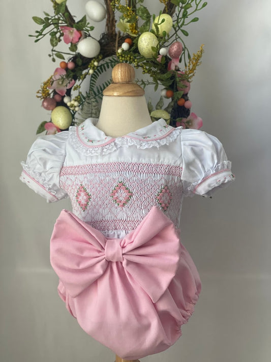 Smocked embroidered bow set - HANDMADE IN USA 6-8WK TURNAROUND