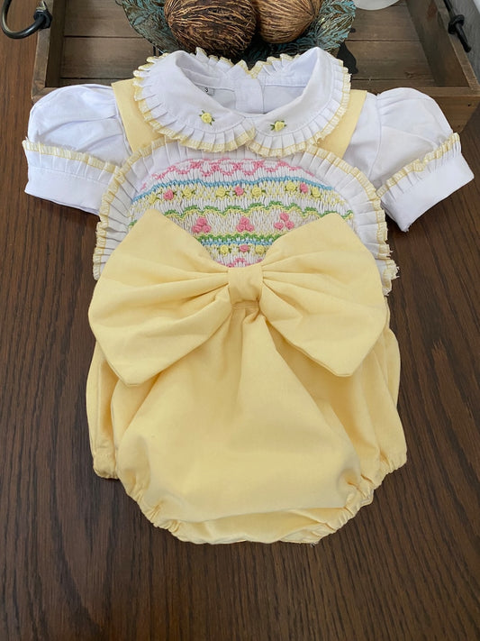 Smocked embroidered bow dungaree set - HANDMADE IN USA 6-8WK TURNAROUND