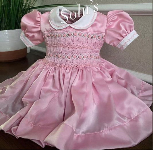 Smocked classic rose satin dress - HANDMADE IN USA 6-8WK TURNAROUND