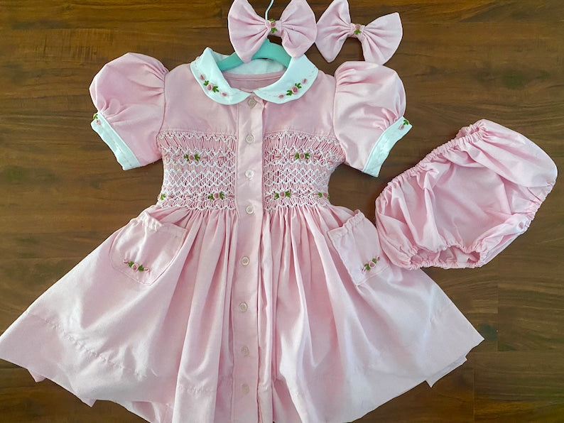 Smocked classic button up dress - HANDMADE IN USA 6-8WK TURNAROUND