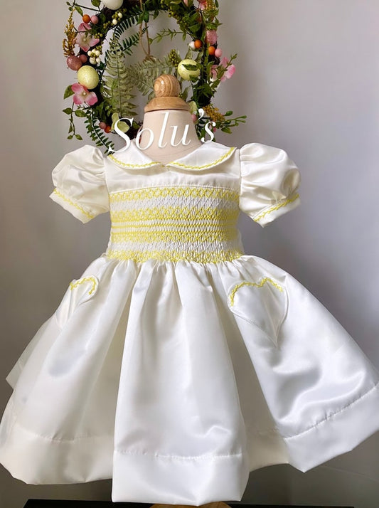 Smocked heart pocket satin dress - HANDMADE IN USA 6-8WK TURNAROUND