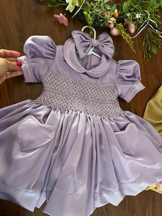 Smocked classic heart pocket satin dress - HANDMADE IN USA 6-8WK TURNAROUND