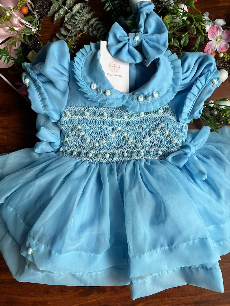 Smocked organza classic bow dress - HANDMADE IN USA 6-8WK TURNAROUND