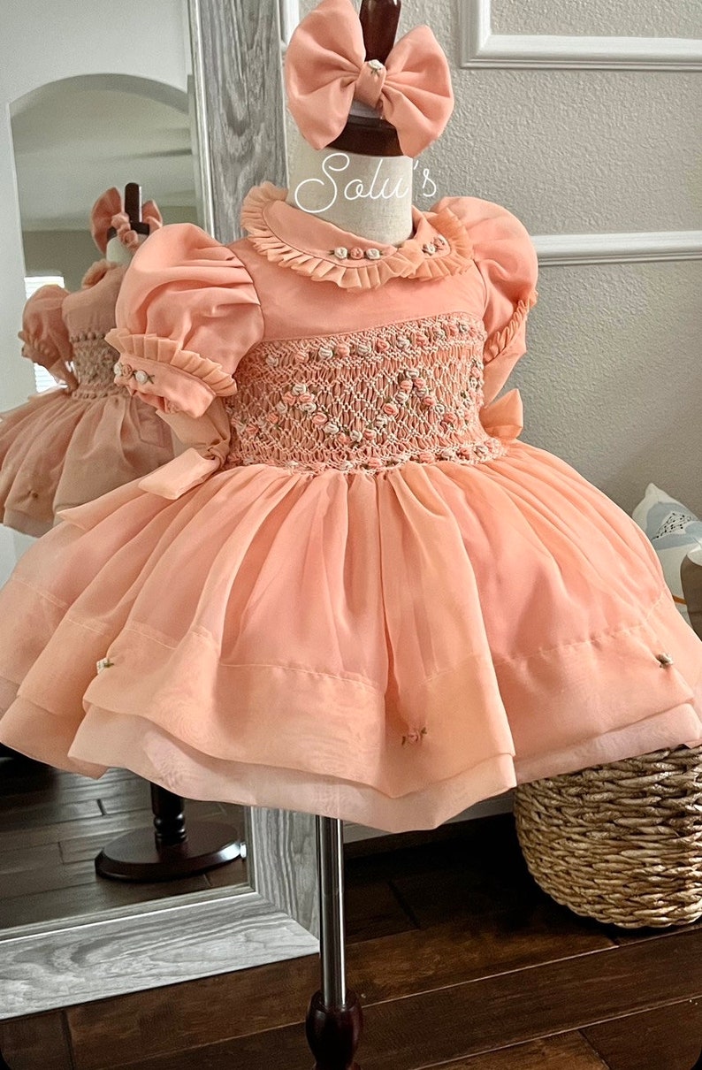 Smocked organza classic bow dress - HANDMADE IN USA 6-8WK TURNAROUND