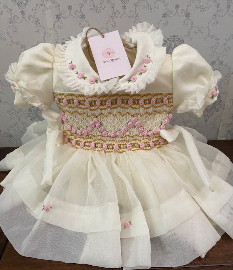 Smocked organza rose dress - HANDMADE IN USA 6-8WK TURNAROUND