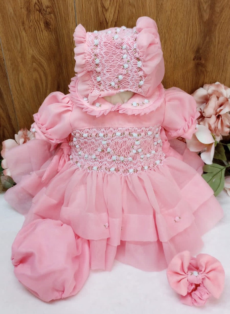 Smocked organza classic heart bow dress - HANDMADE IN USA 6-8WK TURNAROUND