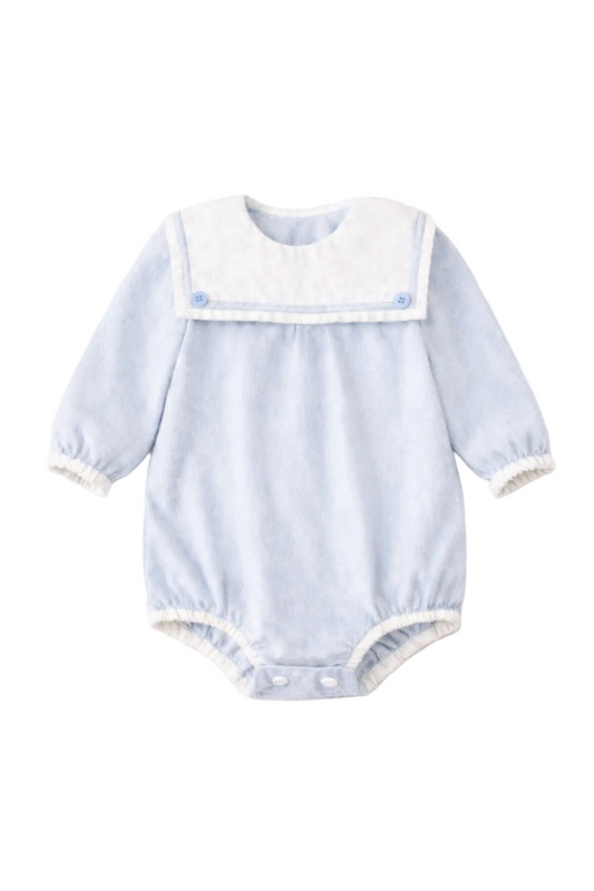 LPP EXCLUSIVES luxe blue boys sailor collared romper - End March Delivery.