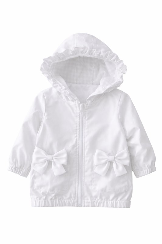LPP EXCLUSIVES white frilly bow girls windbreaker summer rain coat - End March Delivery.