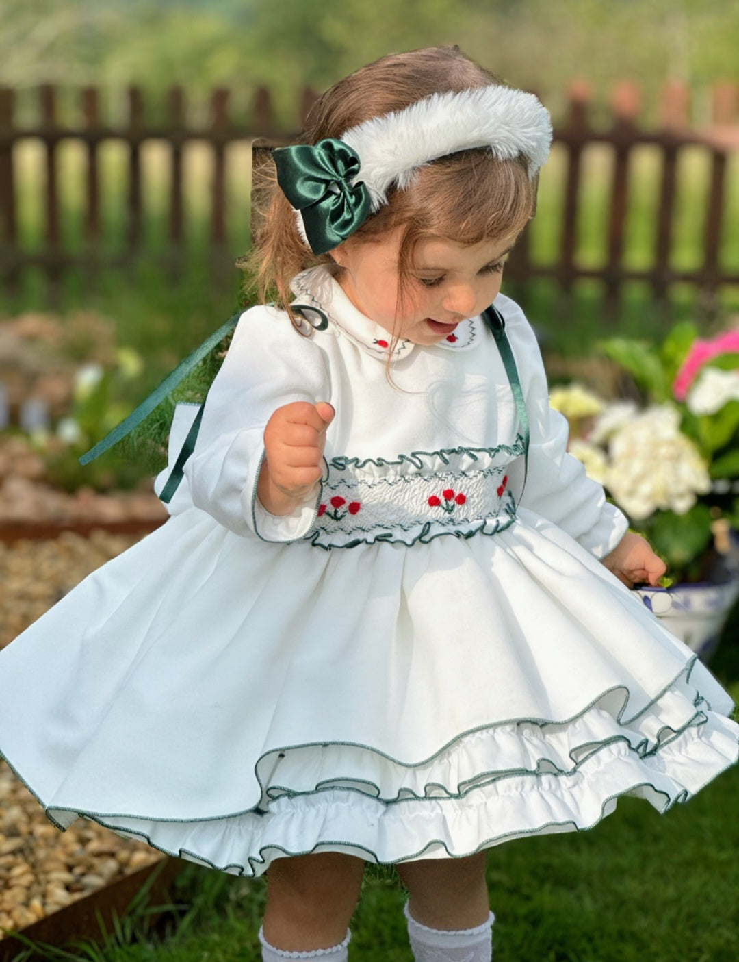 SONATA PREORDER (4-6wk turnaround) - Green detail smock puffball dress IN25-10