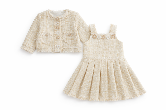 Chic 2pc luxury tweed beige daisy dress & jacket set