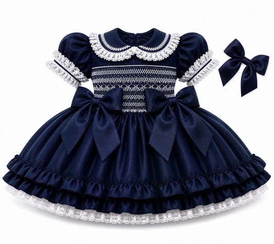 LPP EXCLUSIVE navy Christmas smocked double bow dress - End November delivery