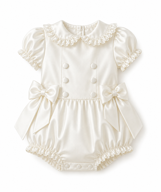 LPP EXCLUSIVE ivory satin Christmas smocked double bow romper - End November delivery